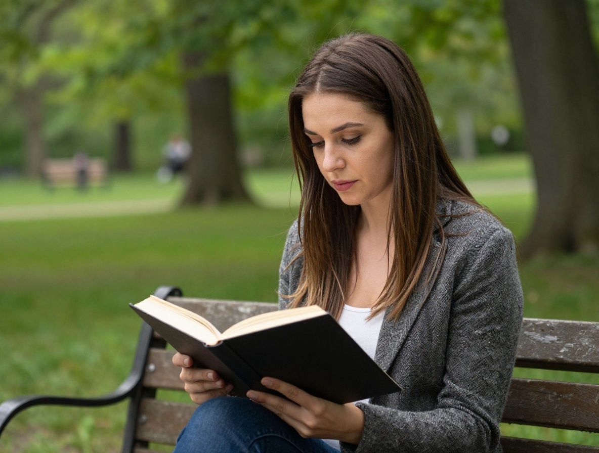 Mirna scena s osobom koja sjedi u parku i čita na klupi pod drvećem, filtrirana sunčeva svjetlost kroz lišće, zelena i zlatna paleta boja, tiha kontemplativna atmosfera