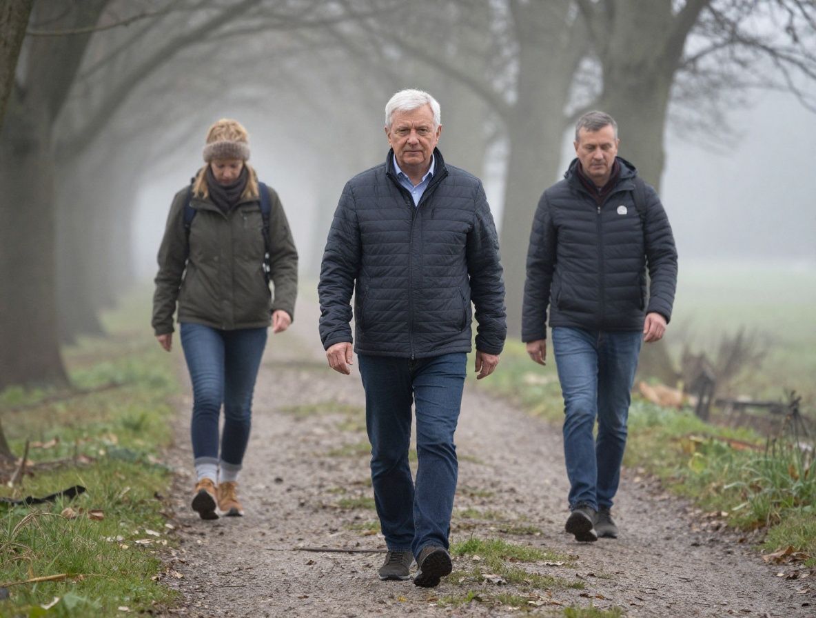 Osoba koja hoda po šumskom putu okruženom drvećem u jutarnjoj magli, tamnozelene boje s mekim zamagljenim svjetlom, noge u sportskim cipelama na šumskom tlu