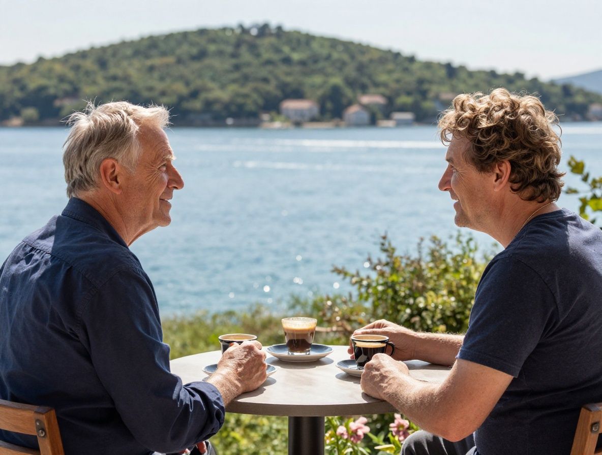 Jutarnja panorama s primorskog balkona — kava na stolu, Jadranska obala u izmaglici, meke ružičaste i zlatne boje izlaska sunca, tiha mediteranska atmosfera